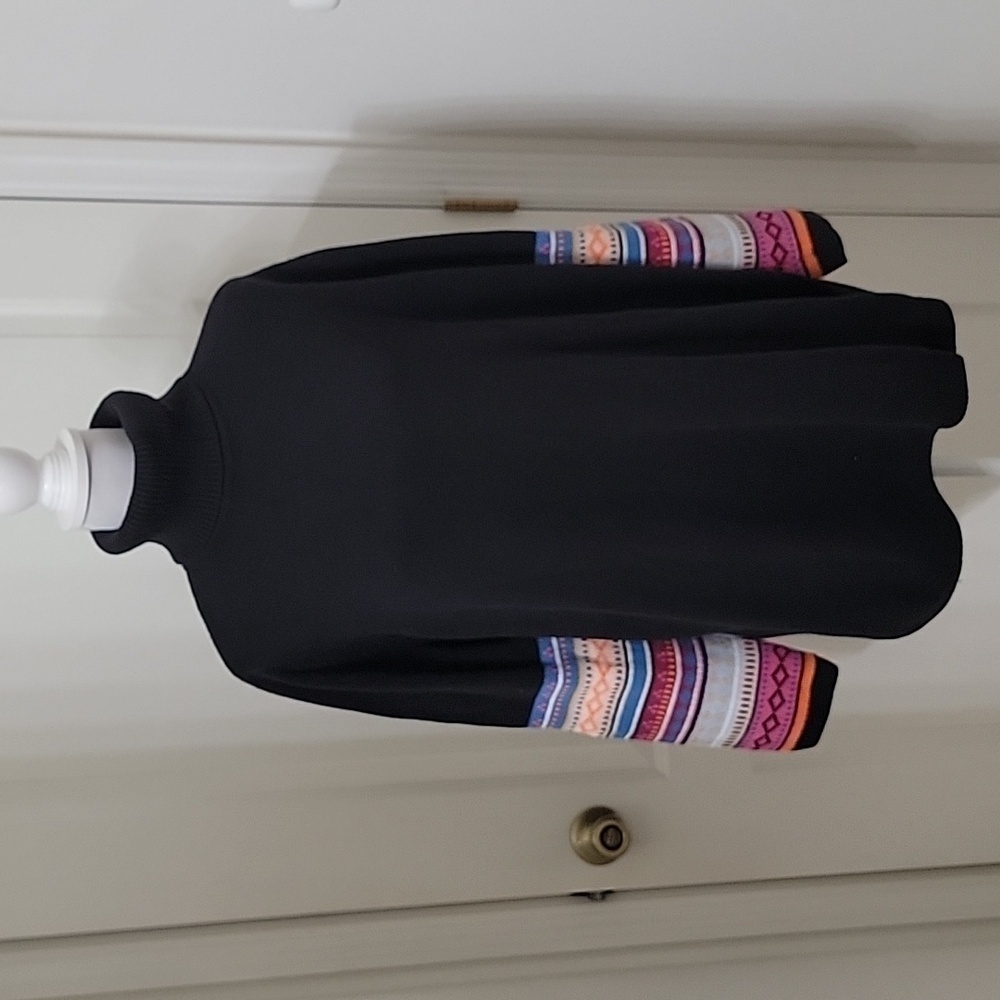 Ulla Popken Black Turtleneck Sweater with Multicolor Patterned Sleeves